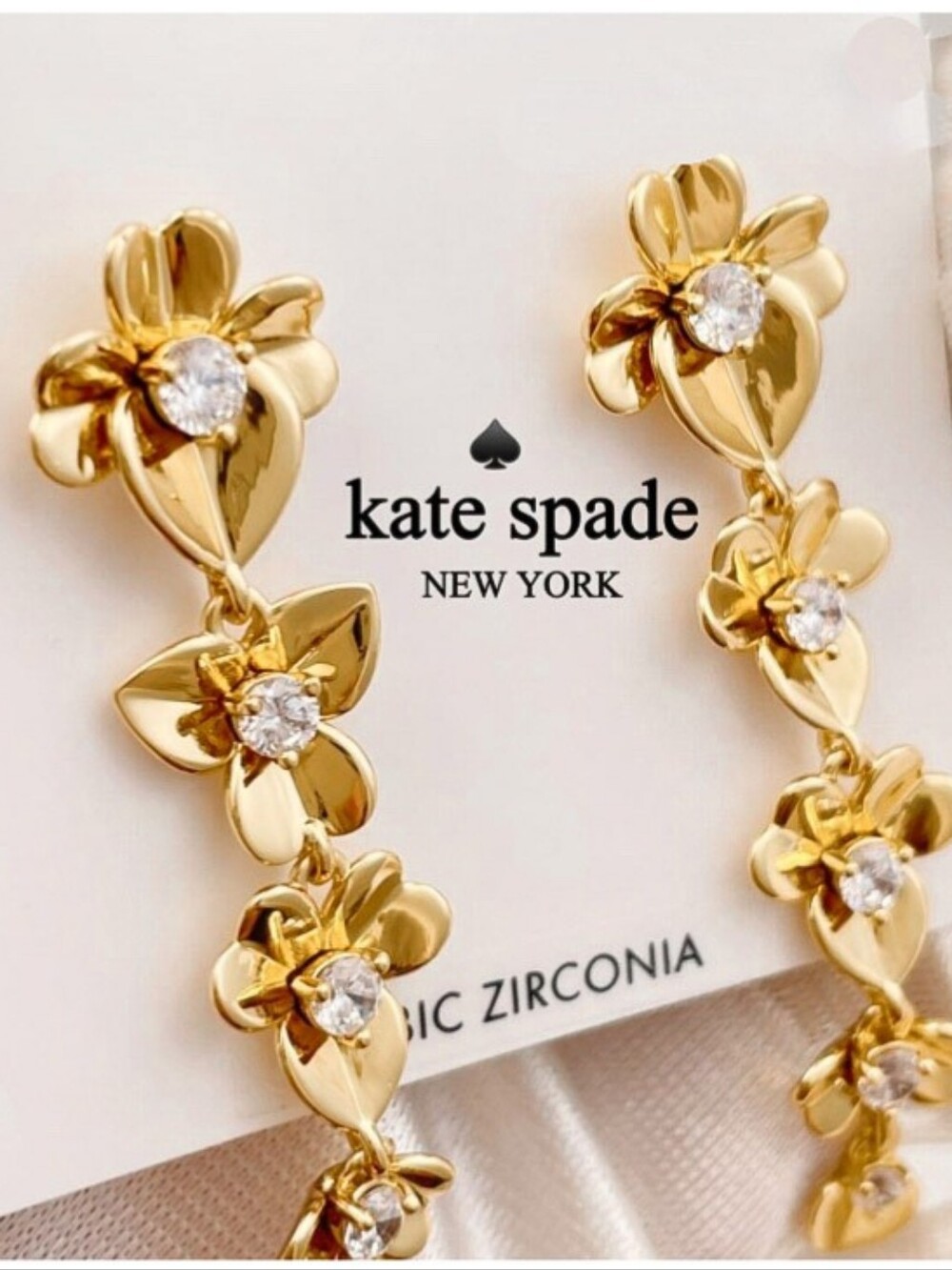 New Kate Spade New York Gold-Tone Precious Pansy / Plumeria Linear Drop Earrings - Picture 5 of 8